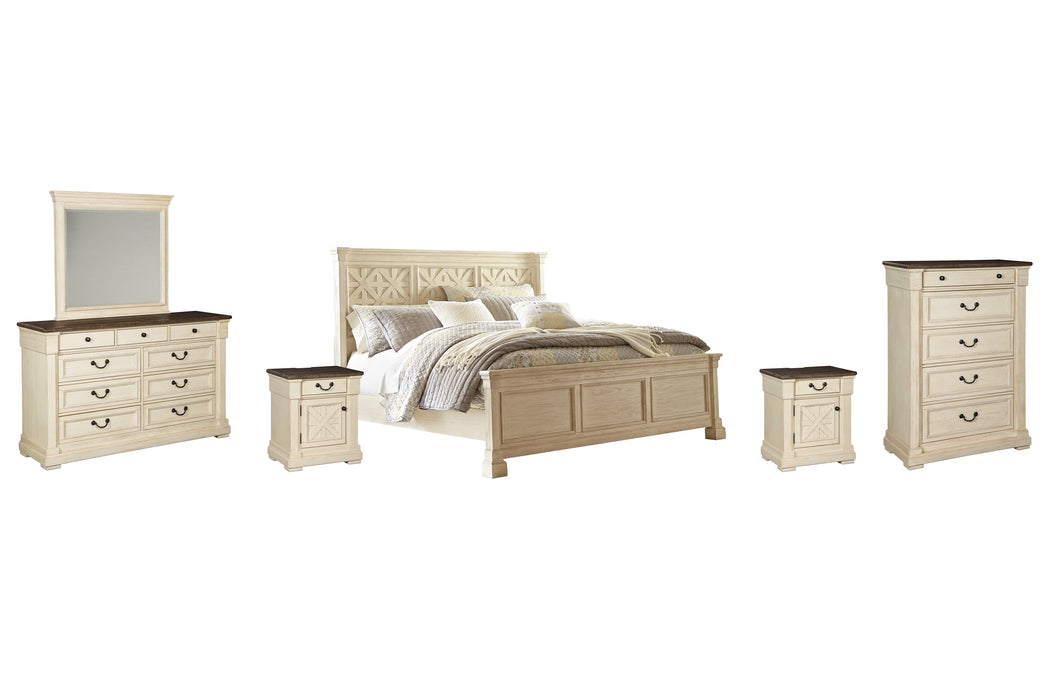 Bolanburg Queen Panel Bed with Mirrored Dresser, Chest and 2 Nightstands Homeline Furniture