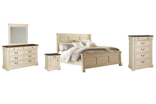 Bolanburg Queen Panel Bed with Mirrored Dresser, Chest and Nightstand Homeline Furniture