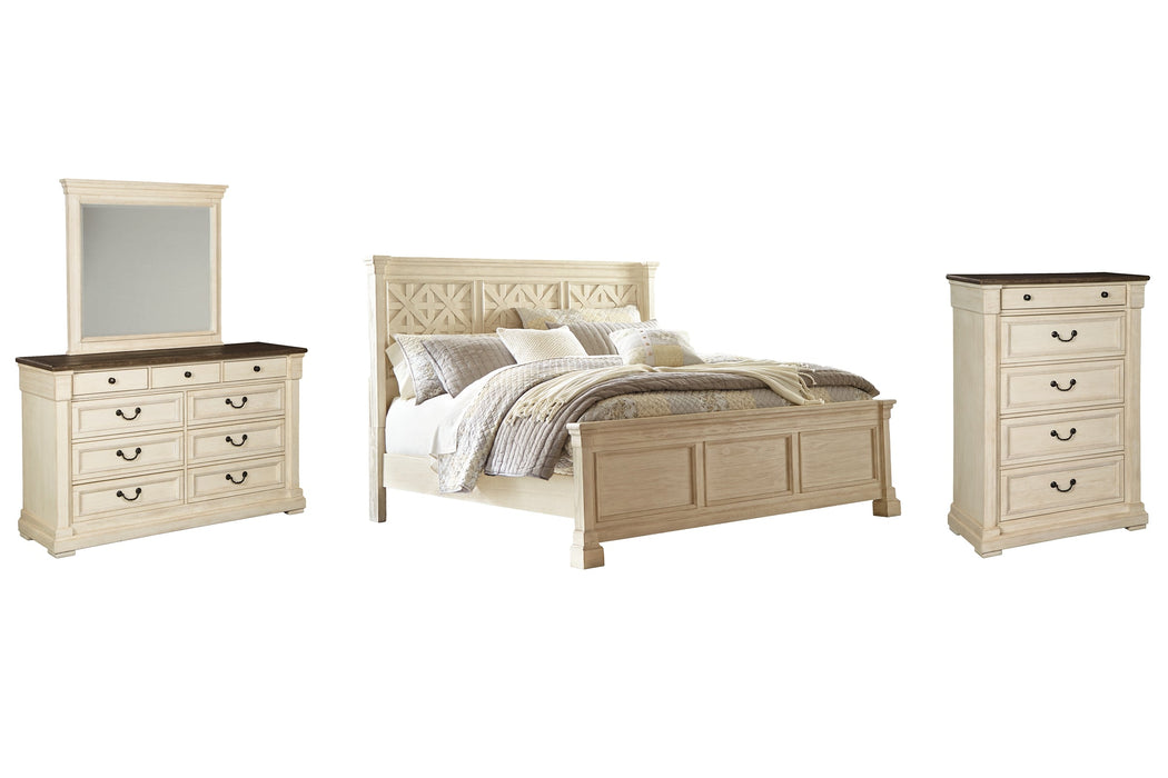 Bolanburg Queen Panel Bed with Mirrored Dresser and Chest Homeline Furniture