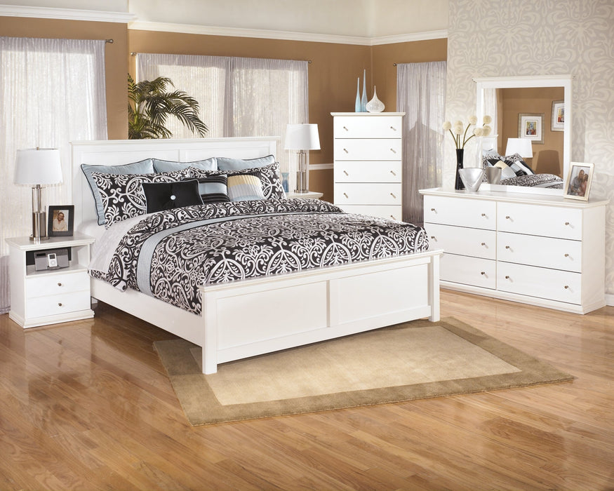 Bostwick Shoals King Panel Bed with Mirrored Dresser, Chest and Nightstand Homeline Furniture