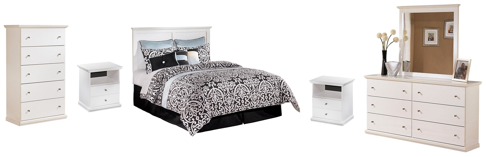 Bostwick Shoals Queen/Full Panel Headboard with Mirrored Dresser, Chest and 2 Nightstands Homeline Furniture