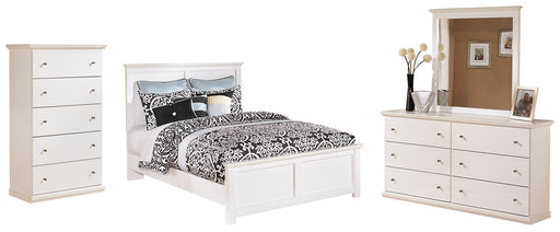 Bostwick Shoals Queen Panel Bed with Mirrored Dresser and Chest Homeline Furniture