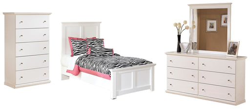 Bostwick Shoals Twin Panel Bed with Mirrored Dresser and Chest Homeline Furniture