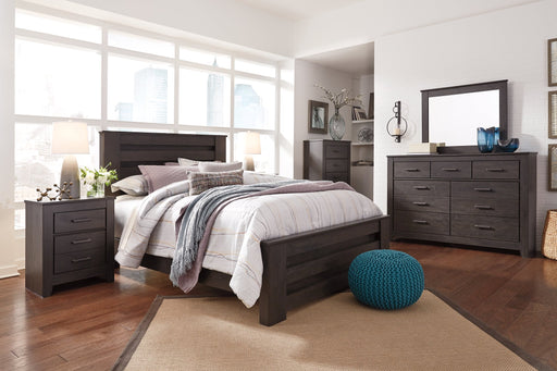 Brinxton King Panel Bed with Mirrored Dresser, Chest and 2 Nightstands Homeline Furniture