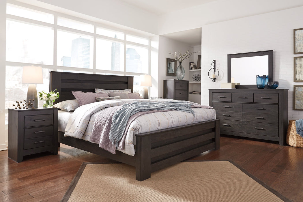 Brinxton King Panel Bed with Mirrored Dresser, Chest and Nightstand Homeline Furniture