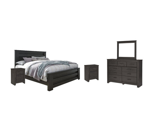 Brinxton King Panel Bed with Mirrored Dresser and 2 Nightstands Homeline Furniture