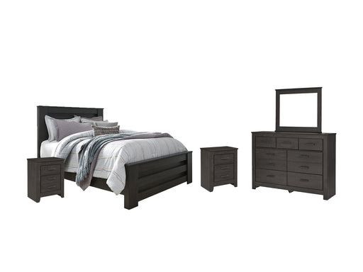 Brinxton Queen Panel Bed with Mirrored Dresser and 2 Nightstands Homeline Furniture