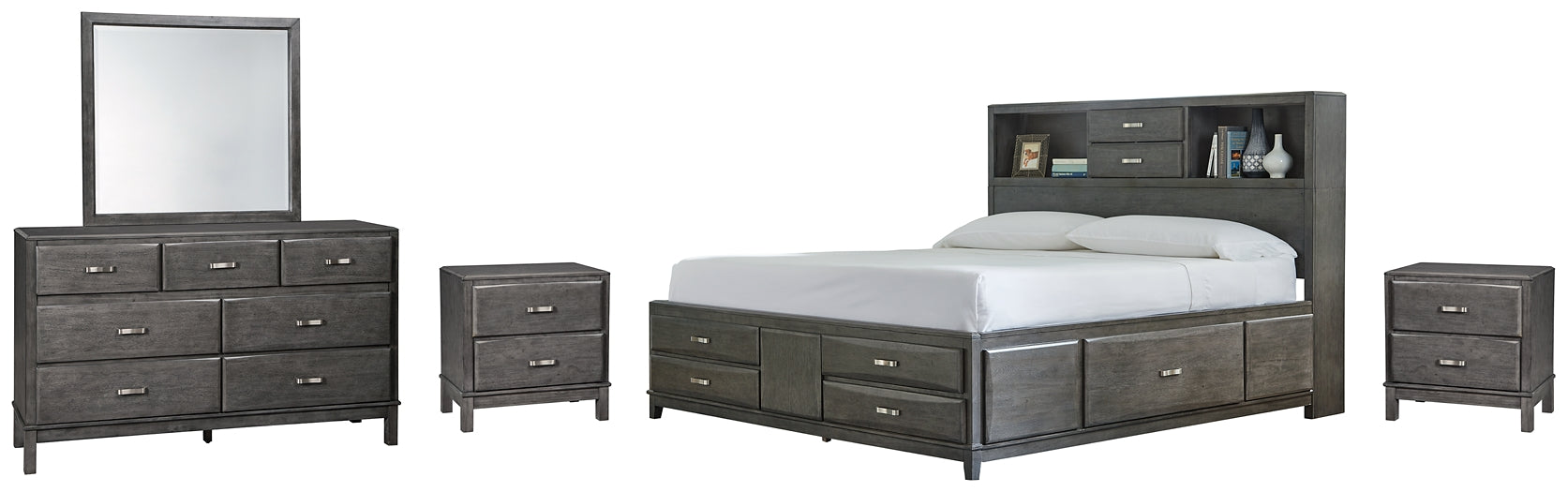 Caitbrook Queen Storage Bed with 8 Storage Drawers with Mirrored Dresser and 2 Nightstands Homeline Furniture