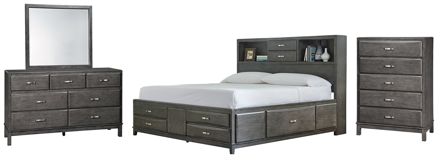 Caitbrook Queen Storage Bed with 8 Storage Drawers with Mirrored Dresser and Chest Homeline Furniture