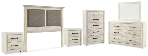 Cambeck King/California King Upholstered Panel Headboard with Mirrored Dresser, Chest and 2 Nightstands Homeline Furniture