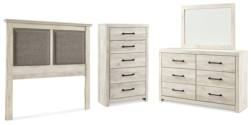 Cambeck King/California King Upholstered Panel Headboard with Mirrored Dresser and Chest Homeline Furniture