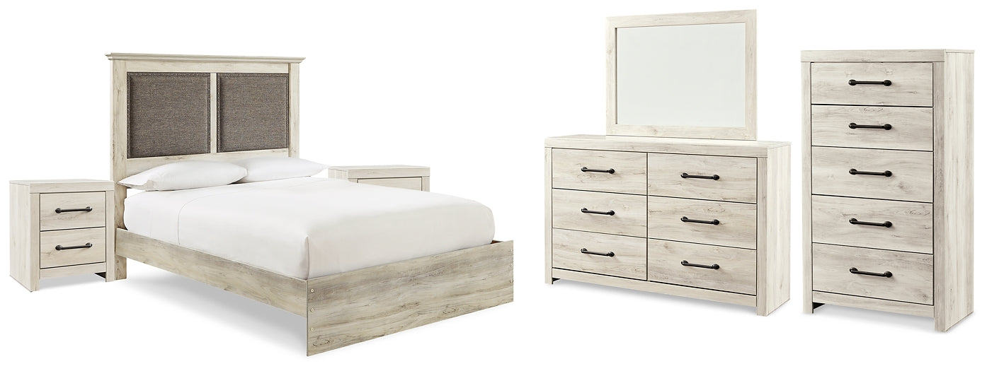 Cambeck King Upholstered Panel Bed with Mirrored Dresser, Chest and 2 Nightstands Homeline Furniture