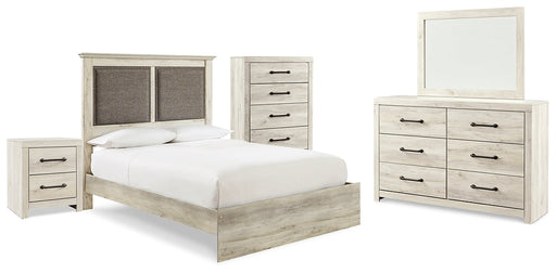 Cambeck King Upholstered Panel Bed with Mirrored Dresser, Chest and Nightstand Homeline Furniture