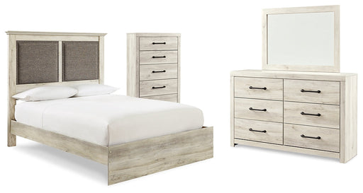 Cambeck King Upholstered Panel Bed with Mirrored Dresser and Chest Homeline Furniture