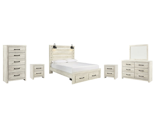 Cambeck Queen Panel Bed with 2 Storage Drawers with Mirrored Dresser, Chest and 2 Nightstands Homeline Furniture