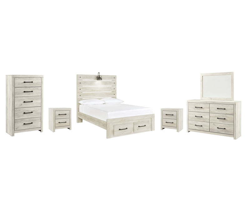 Cambeck Queen Panel Bed with 2 Storage Drawers with Mirrored Dresser, Chest and 2 Nightstands Homeline Furniture