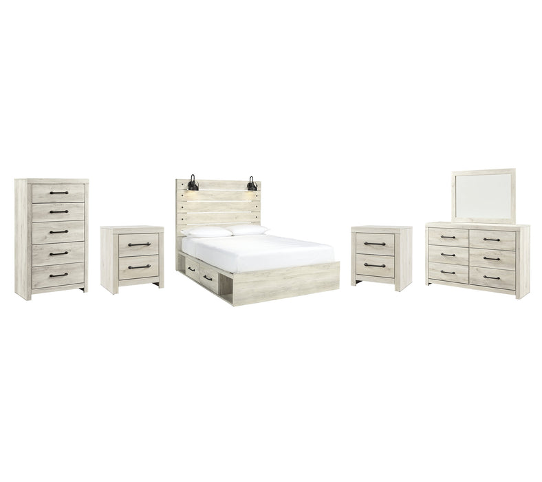 Cambeck Queen Panel Bed with 2 Storage Drawers with Mirrored Dresser, Chest and 2 Nightstands Homeline Furniture