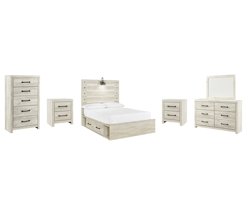 Cambeck Queen Panel Bed with 2 Storage Drawers with Mirrored Dresser, Chest and 2 Nightstands Homeline Furniture