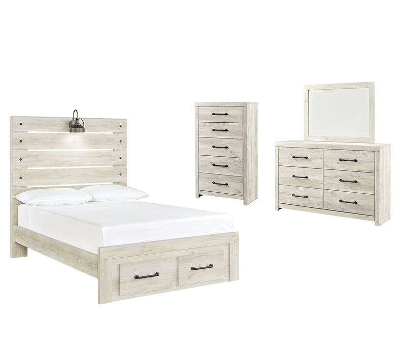 Cambeck Queen Panel Bed with 2 Storage Drawers with Mirrored Dresser and Chest Homeline Furniture