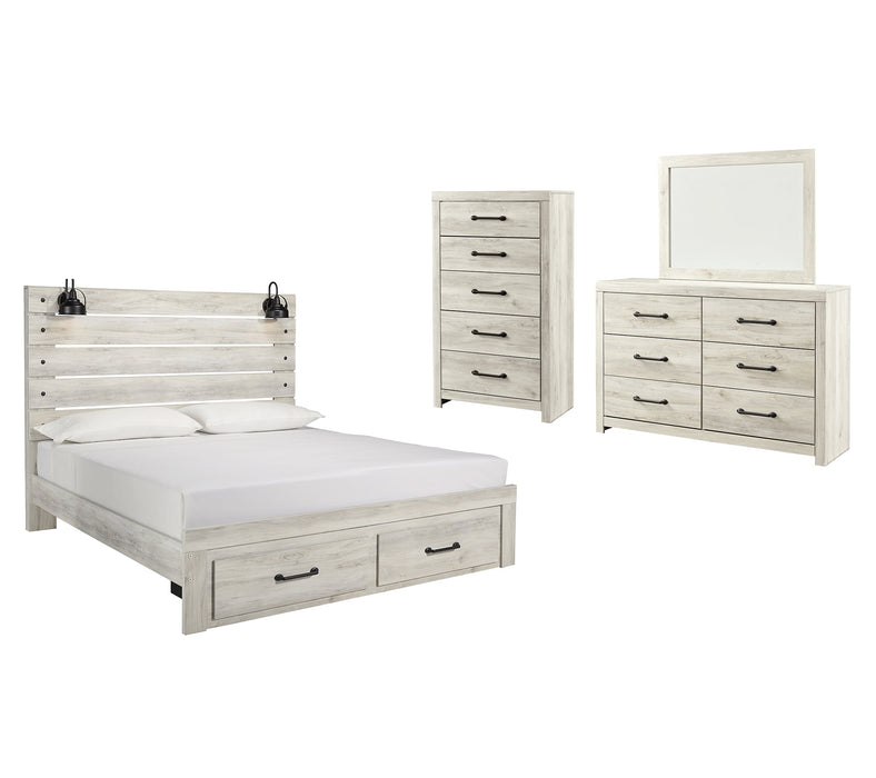 Cambeck Queen Panel Bed with 2 Storage Drawers with Mirrored Dresser and Chest Homeline Furniture