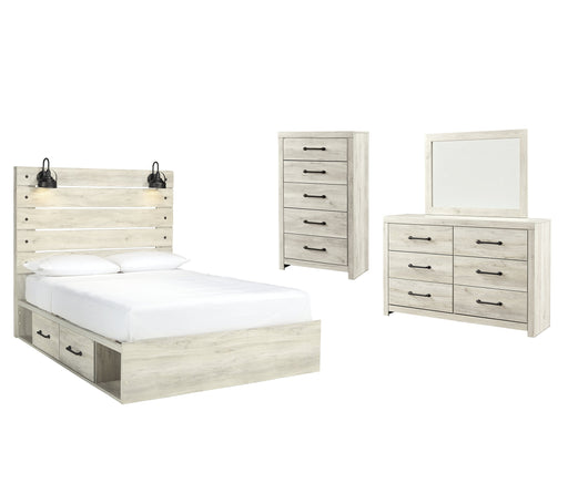 Cambeck Queen Panel Bed with 2 Storage Drawers with Mirrored Dresser and Chest Homeline Furniture