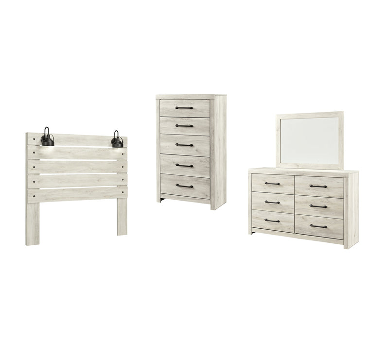 Cambeck Queen Panel Headboard with Mirrored Dresser and Chest Homeline Furniture