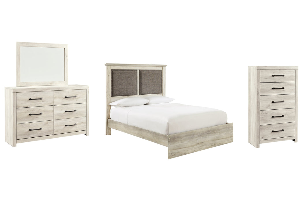 Cambeck Queen Upholstered Panel Bed with Mirrored Dresser and Chest Homeline Furniture