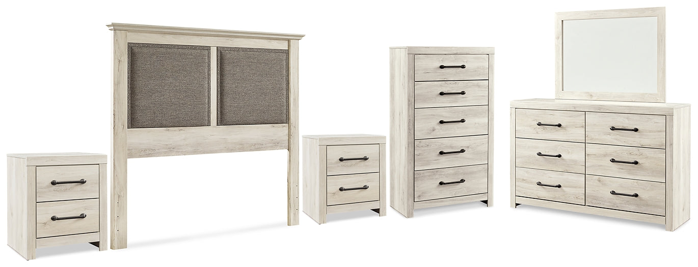 Cambeck Queen Upholstered Panel Headboard with Mirrored Dresser, Chest and 2 Nightstands Homeline Furniture