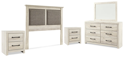 Cambeck Queen Upholstered Panel Headboard with Mirrored Dresser and 2 Nightstands Homeline Furniture