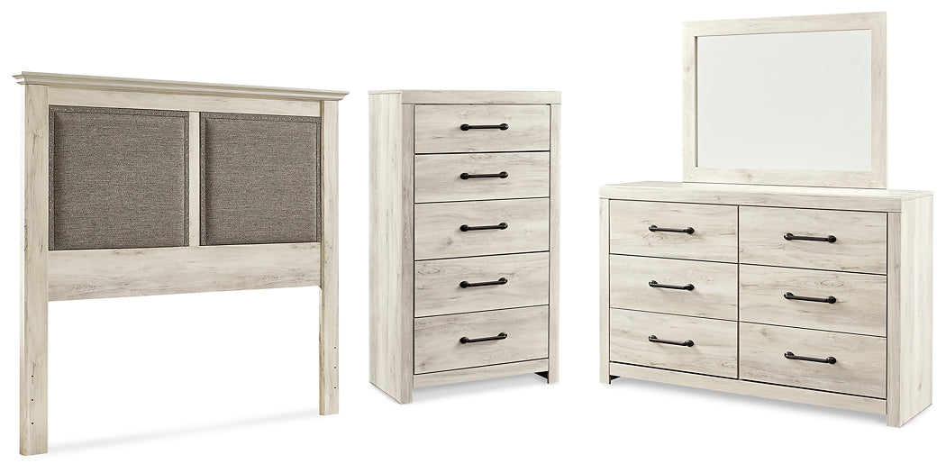 Cambeck Queen Upholstered Panel Headboard with Mirrored Dresser and Chest Homeline Furniture