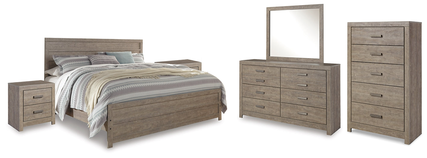 Culverbach King Panel Bed with Mirrored Dresser, Chest and 2 Nightstands Homeline Furniture