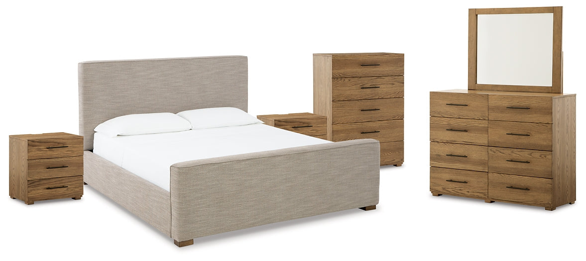 Dakmore King Upholstered Bed with Mirrored Dresser, Chest and 2 Nightstands Homeline Furniture