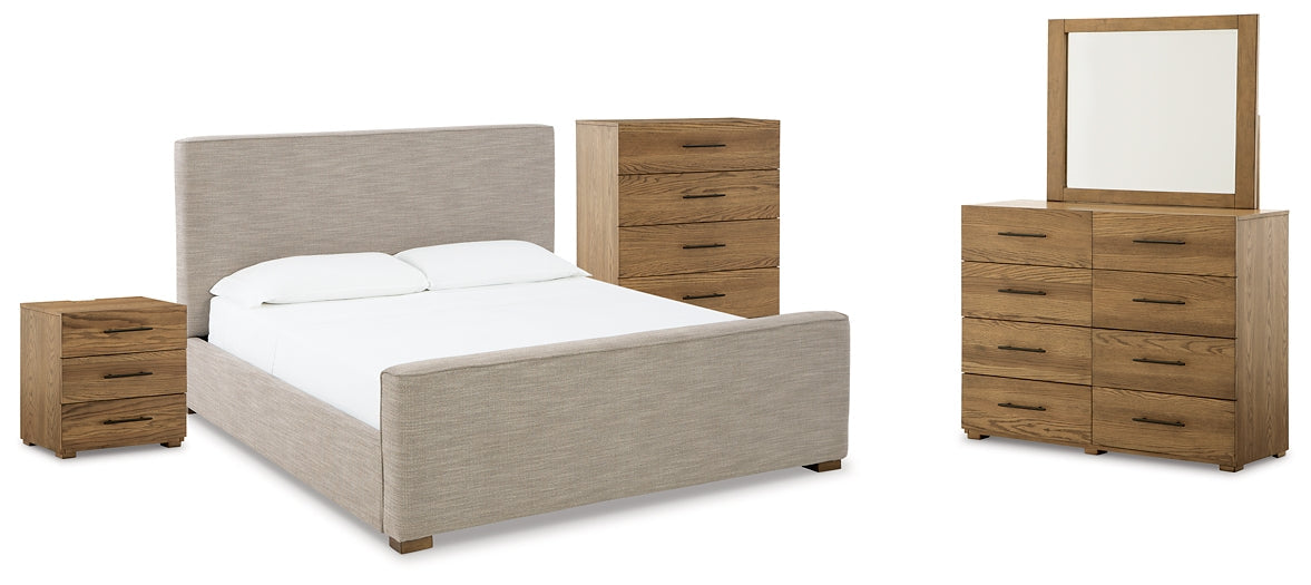 Dakmore Queen Upholstered Bed with Mirrored Dresser, Chest and Nightstand Homeline Furniture