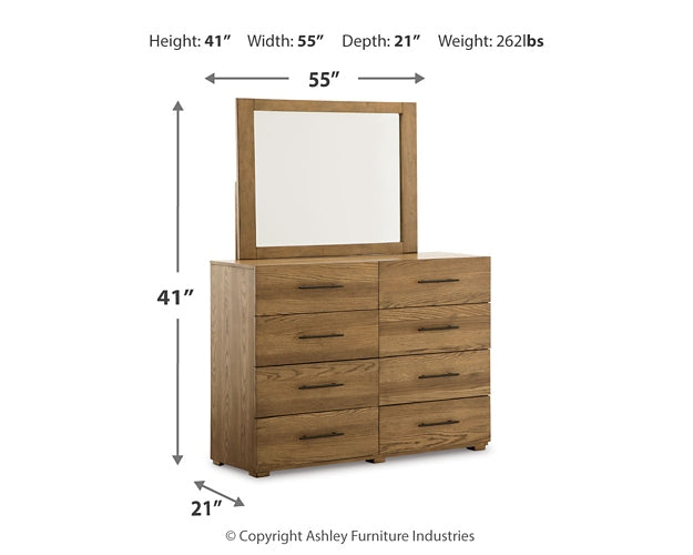 Dakmore Queen Upholstered Bed with Mirrored Dresser and Chest Homeline Furniture