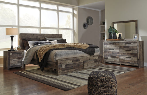 Derekson King Panel Bed with 2 Storage Drawers with Mirrored Dresser and Nightstand Homeline Furniture