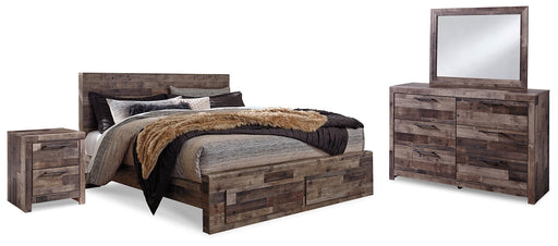 Derekson King Panel Bed with 2 Storage Drawers with Mirrored Dresser and Nightstand Homeline Furniture