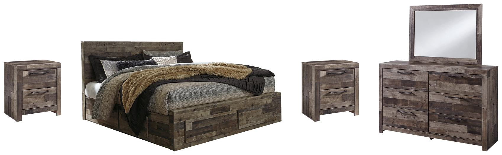 Derekson King Panel Bed with 4 Storage Drawers with Mirrored Dresser and 2 Nightstands Homeline Furniture