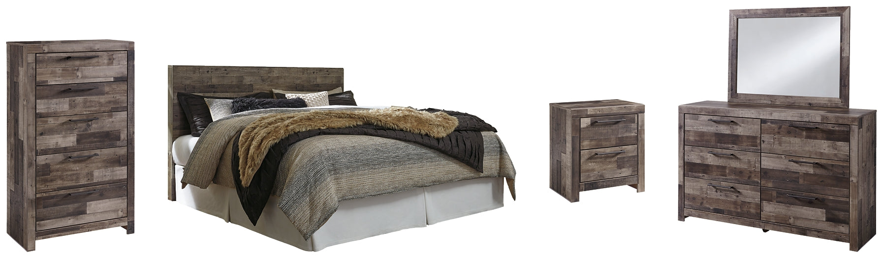 Derekson King Panel Headboard with Mirrored Dresser, Chest and Nightstand Homeline Furniture