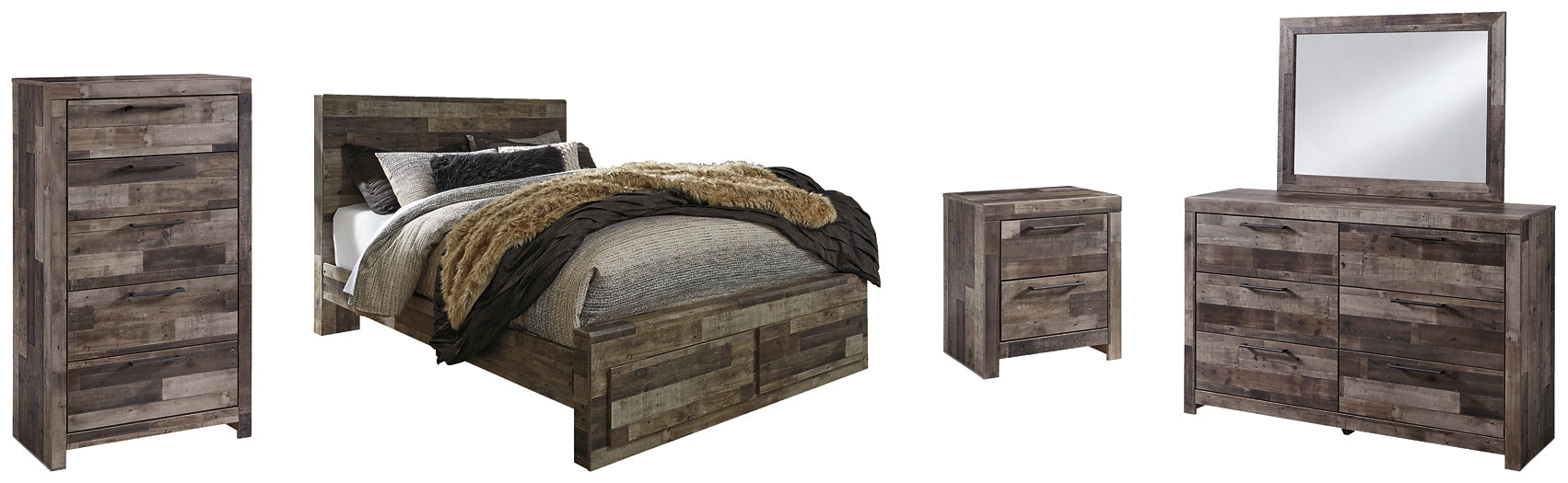 Derekson Queen Panel Bed with 2 Storage Drawers with Mirrored Dresser, Chest and Nightstand Homeline Furniture