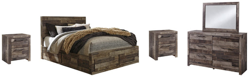 Derekson Queen Panel Bed with 4 Storage Drawers with Mirrored Dresser and 2 Nightstands Homeline Furniture