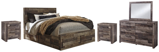 Derekson Queen Panel Bed with 6 Storage Drawers with Mirrored Dresser and 2 Nightstands Homeline Furniture