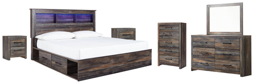 Drystan King Bookcase Bed with 2 Storage Drawers with Mirrored Dresser, Chest and 2 Nightstands Homeline Furniture