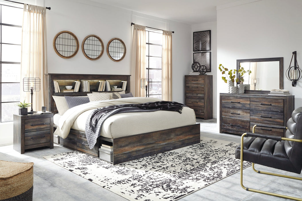 Drystan King Bookcase Bed with 2 Storage Drawers with Mirrored Dresser, Chest and Nightstand Homeline Furniture