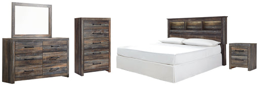 Drystan King/California King Bookcase Headboard with Mirrored Dresser, Chest and Nightstand Homeline Furniture