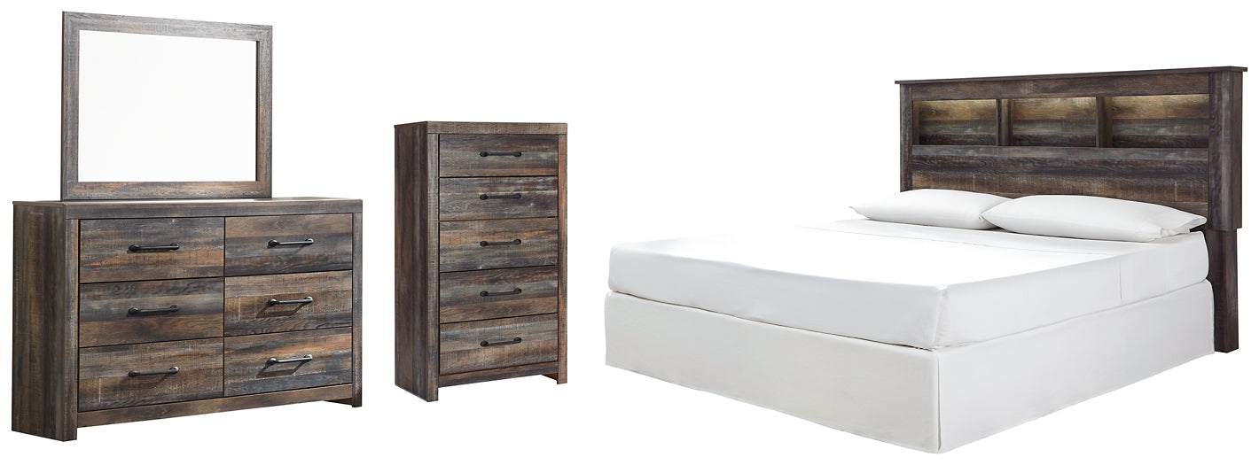 Drystan King/California King Bookcase Headboard with Mirrored Dresser and Chest Homeline Furniture