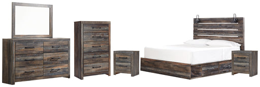 Drystan King Panel Bed with 2 Storage Drawers with Mirrored Dresser, Chest and 2 Nightstands Homeline Furniture