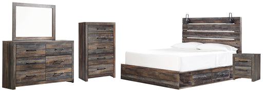 Drystan King Panel Bed with 2 Storage Drawers with Mirrored Dresser, Chest and Nightstand Homeline Furniture