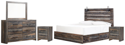 Drystan King Panel Bed with 2 Storage Drawers with Mirrored Dresser and 2 Nightstands Homeline Furniture