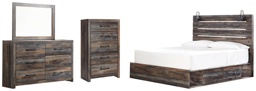 Drystan King Panel Bed with 2 Storage Drawers with Mirrored Dresser and Chest Homeline Furniture