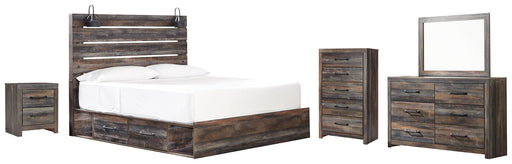 Drystan King Panel Bed with 4 Storage Drawers with Mirrored Dresser, Chest and Nightstand Homeline Furniture